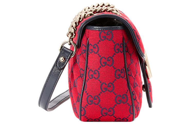 (WMNS) Gucci GG Marmont Silver Label Logo Pattern Colorblock Leather Canvas Chain Shoulder Messenger Bag Small Red / Navy Blue Valentine's Day Limited 443497-2UZCV-6477