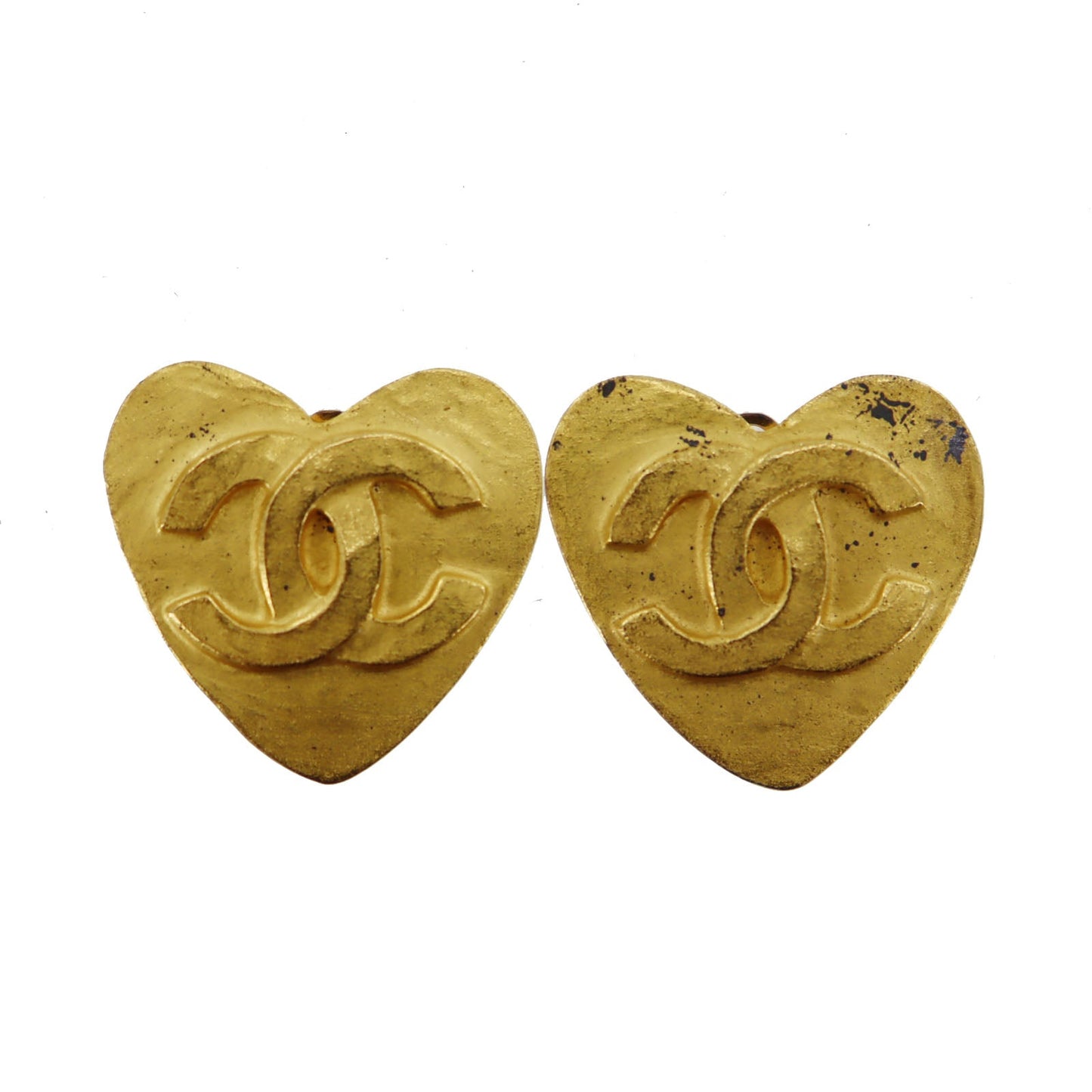 CHANEL CC Logos Heart Earrings 95P Gold Clip-On #BM804