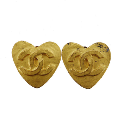 CHANEL CC Logos Heart Earrings 95P Gold Clip-On #BM804