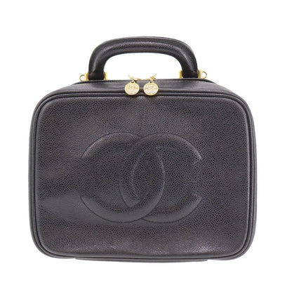 CHANEL CC Shoulder Handbag Vanity Black Caviar Skin Leather #CD668