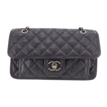 CHANEL Matelasse Frap French Riviera  Shoulder Bag Black Leather #CY690