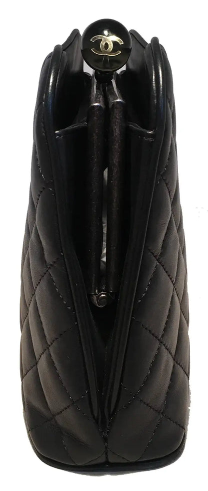Chanel Black Leather Crystal Ball Kiss lock Clutch