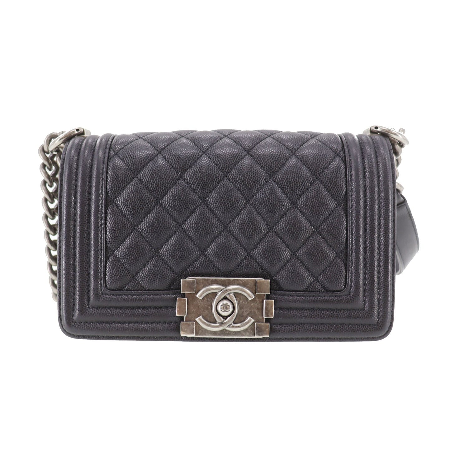 CHANEL  BOY CHANEL Shoulder Bag Black Caviar Skin Leather Vintage #DA571
