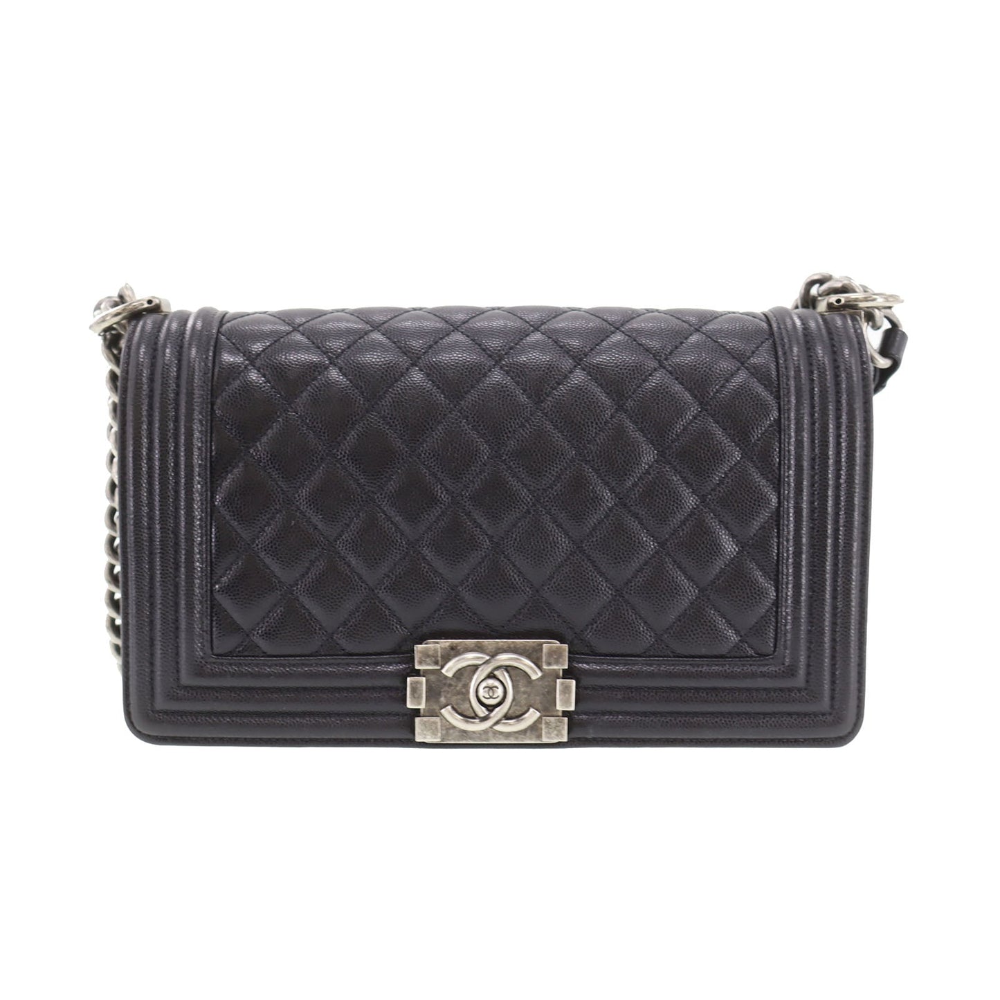 CHANEL  BOY CHANEL Shoulder Bag Black Caviar Skin Leather Vintage #DA572