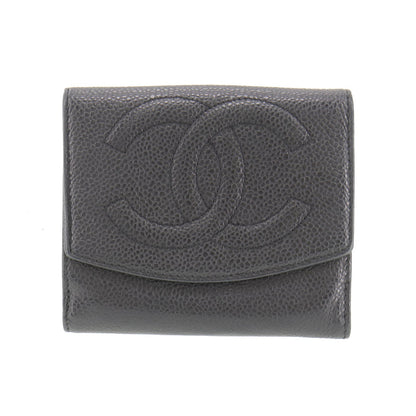 CHANEL CC Logos Bi-fold Wallet Black Caviar Skin Leather #CS563