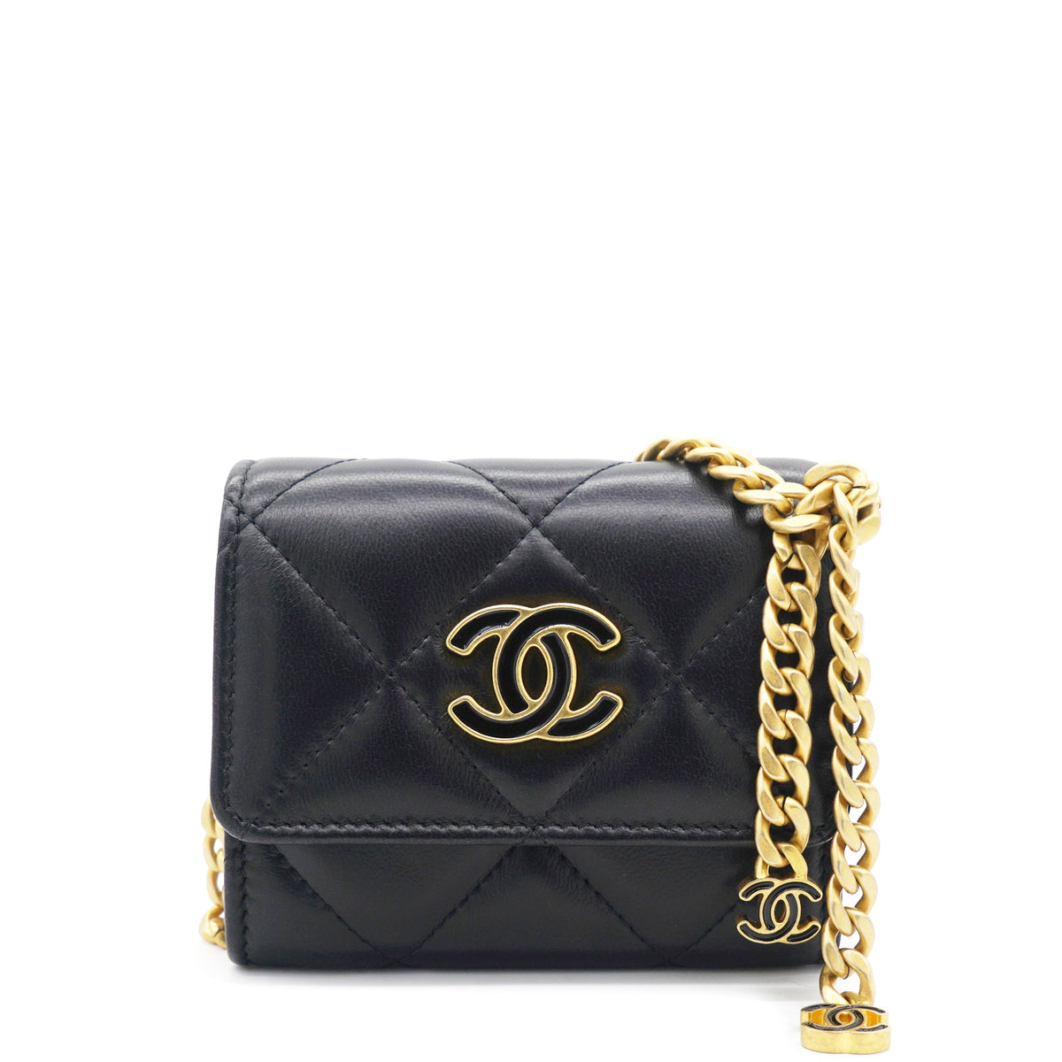 Black Quilted Lambskin Leather cc Enamel  Holder with Chain