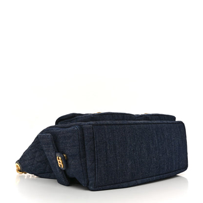Washed Denim Quilted Maxi Trendy Pockets Hobo Dark Blue