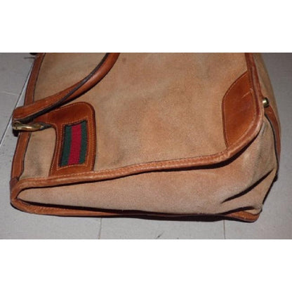 Gucci camel suede satchel with inlaid red/green striped accents!