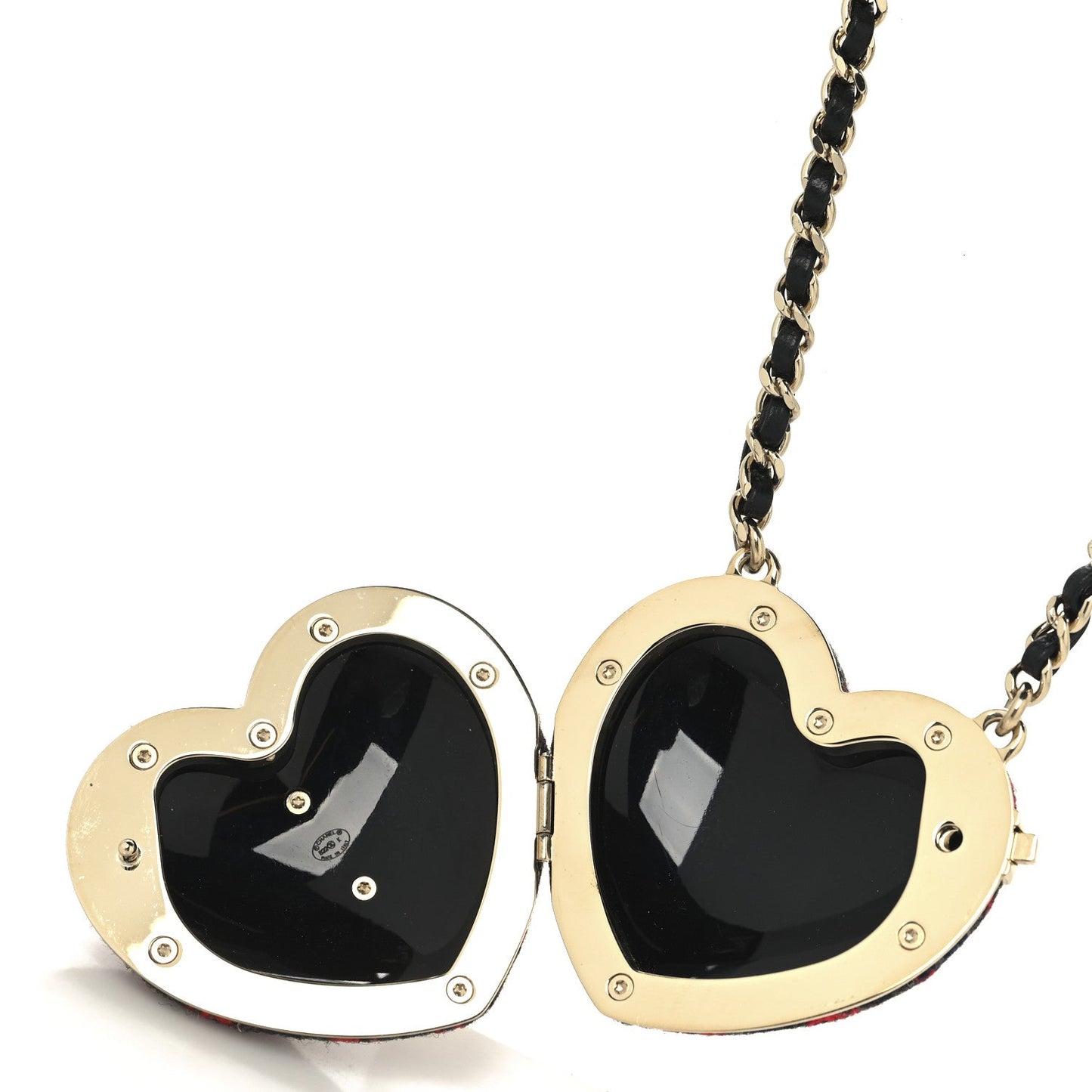 Tweed Lambskin CC Heart Locket Necklace Gold Grey Red Black