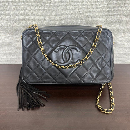 CHANEL Lambskin Quilted CC Tassel Camera Case Black B-
