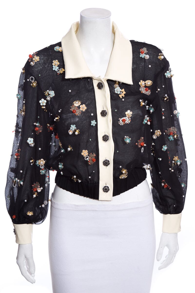 Chanel 2016 Seoul Collection Silk Organza Black Jacket SZ 38