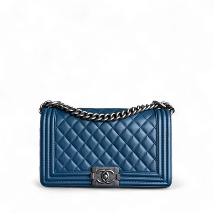 Chanel Boy Medium - Calfskin 25CM Quilted Blue Ruthenium Silver Hardware Series 26