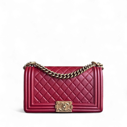 Chanel Boy Medium - 25CM Quilted Lambskin Dark Red Gold Hardware Series 19