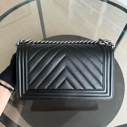 Chanel Boy Medium - Caviar 25CM Chevron Black Ruthenium Silver Hardware Series 24