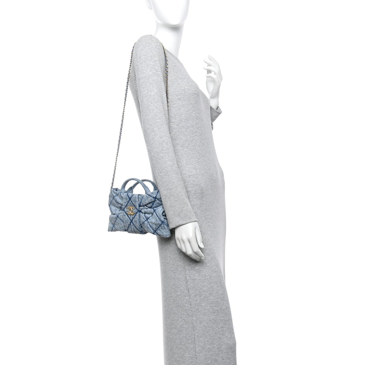 Washed Denim Quilted Mini Bow Bag Blue