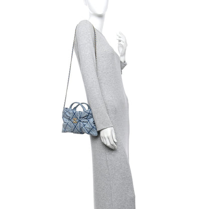 Washed Denim Quilted Mini Bow Bag Blue