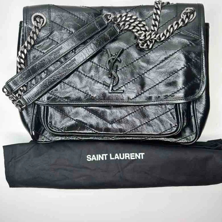 YSL Crinkled Calfskin Matelasse Monogram Baby Niki Chain Satchel, Black Leather, Medium