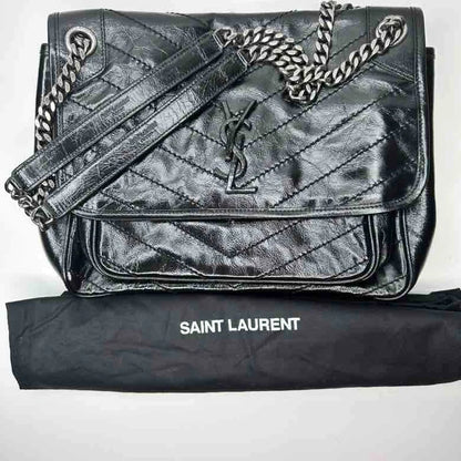YSL Crinkled Calfskin Matelasse Monogram Baby Niki Chain Satchel, Black Leather, Medium