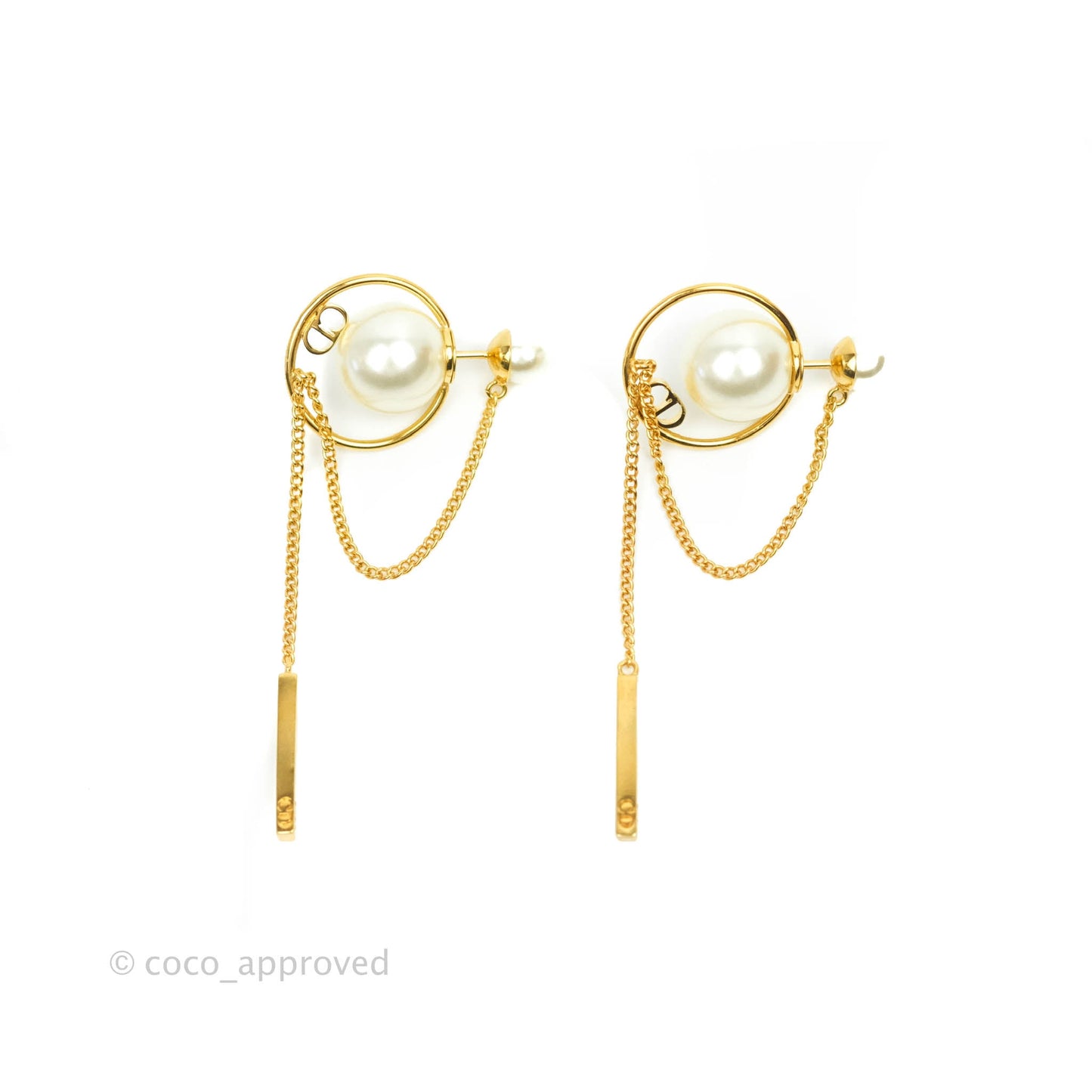 Christian Dior CD Pearl Long Drop Earrings Gold Tone