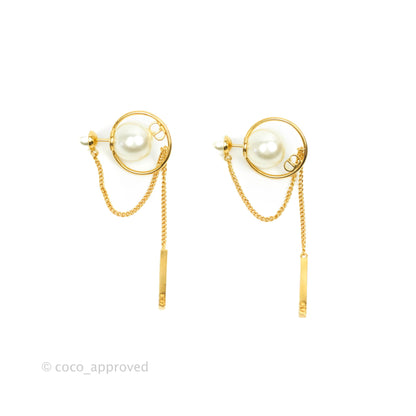 Christian Dior CD Pearl Long Drop Earrings Gold Tone