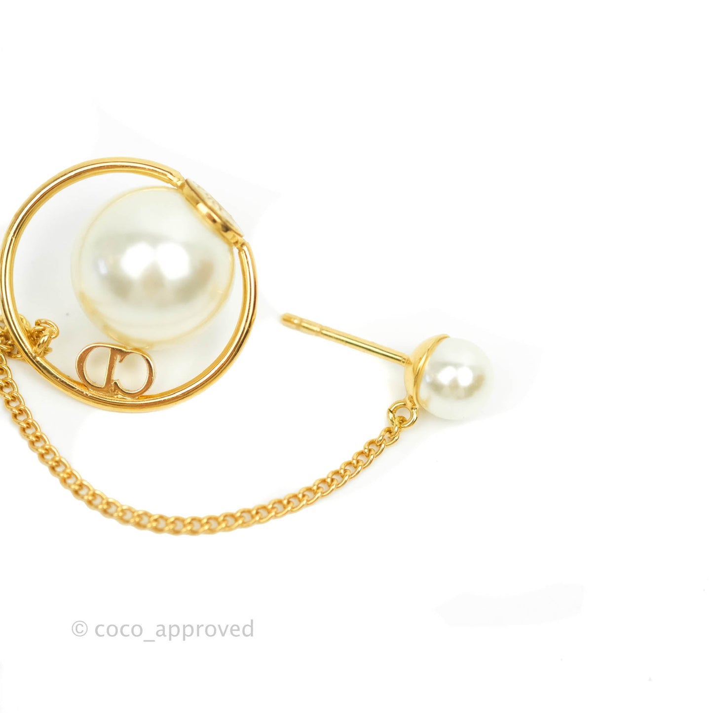 Christian Dior CD Pearl Long Drop Earrings Gold Tone