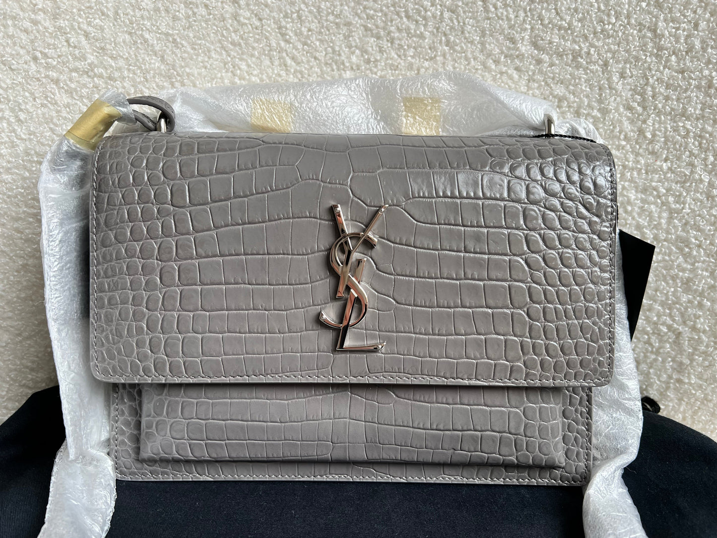 Yves Saint Laurent (YSL) Grey Croc Medium Sunset with Silver Hardware