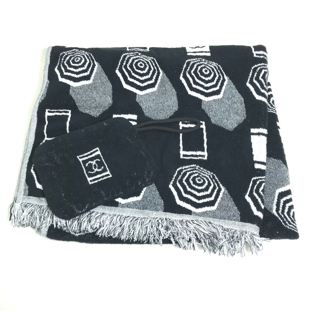 CHANEL towel Knapsack 3-piece set Drawstring bag COCO Mark bath towel pouch pile black Women Used