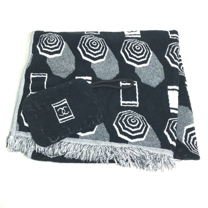CHANEL towel Knapsack 3-piece set Drawstring bag COCO Mark bath towel pouch pile black Women Used