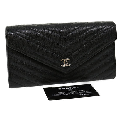 CHANEL V stitch Long Wallet Caviar Skin Black CC Auth 30285A