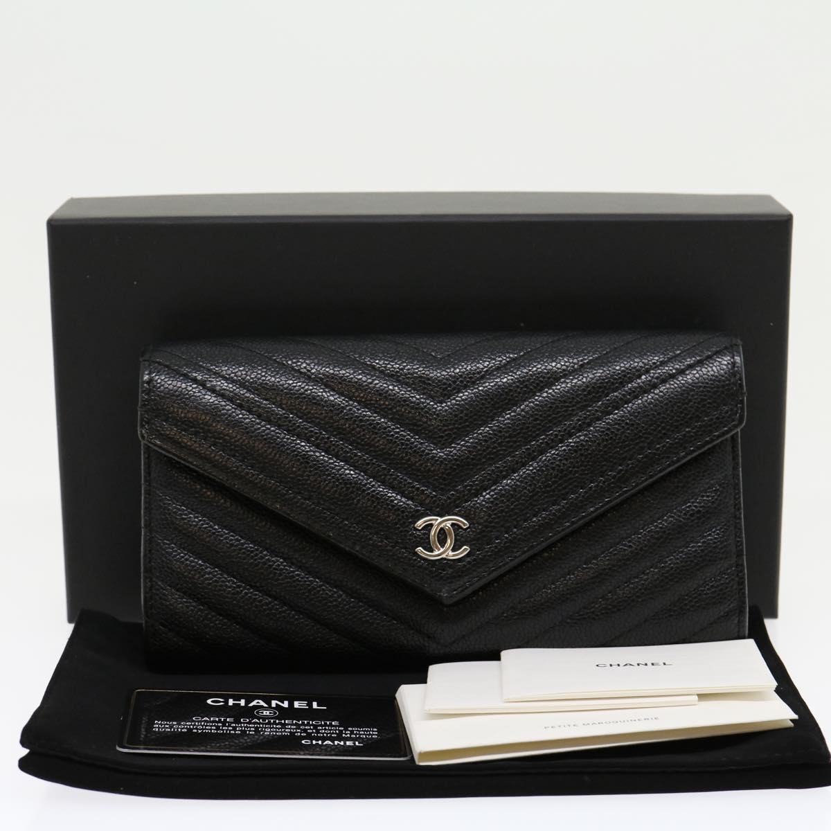 CHANEL V stitch Long Wallet Caviar Skin Black CC Auth 30285A