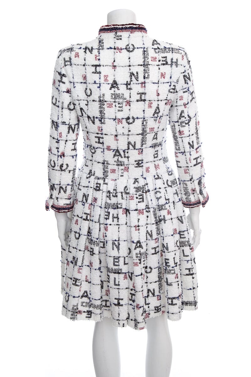 Chanel Spring 2020 White & Multi Logo Tweed Coat/Dress SZ 36