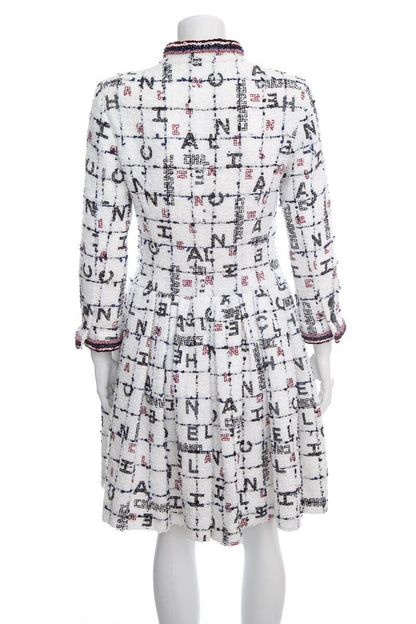 Chanel Spring 2020 White & Multi Logo Tweed Coat/Dress SZ 36