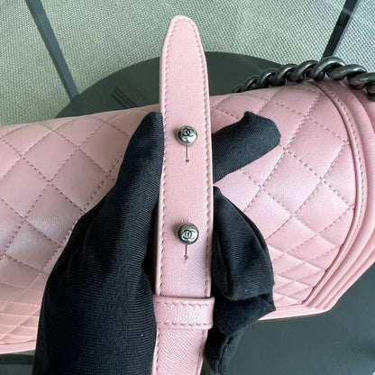 Boy New Medium 28CM Quilted Lambskin Sakura Pink Leboy Ruthenium Silver Hardware Series 20
