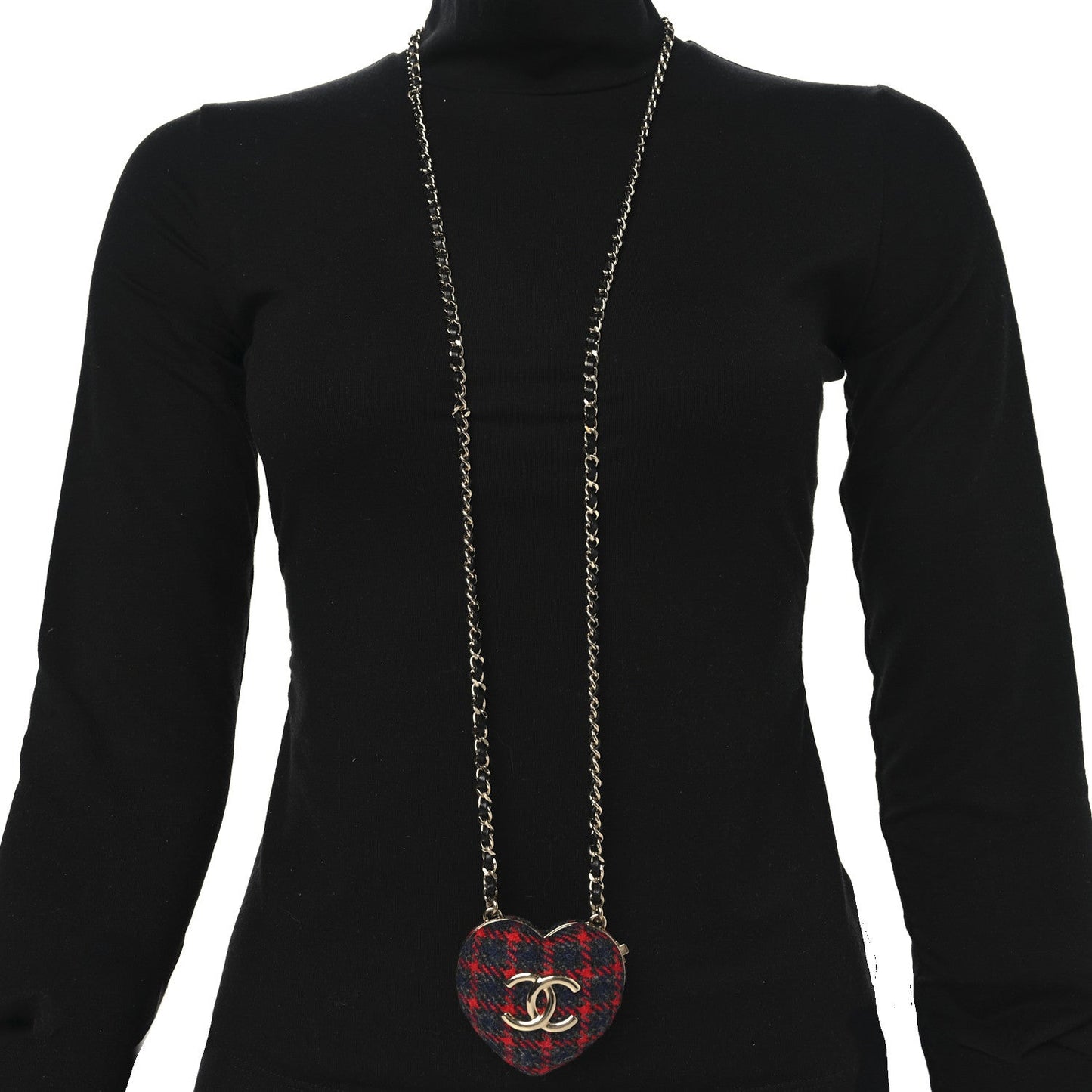 Tweed Lambskin CC Heart Locket Necklace Gold Grey Red Black