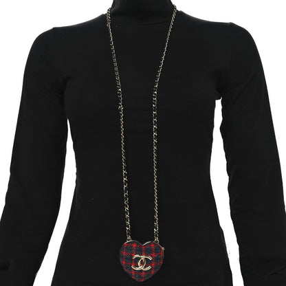 Tweed Lambskin CC Heart Locket Necklace Gold Grey Red Black
