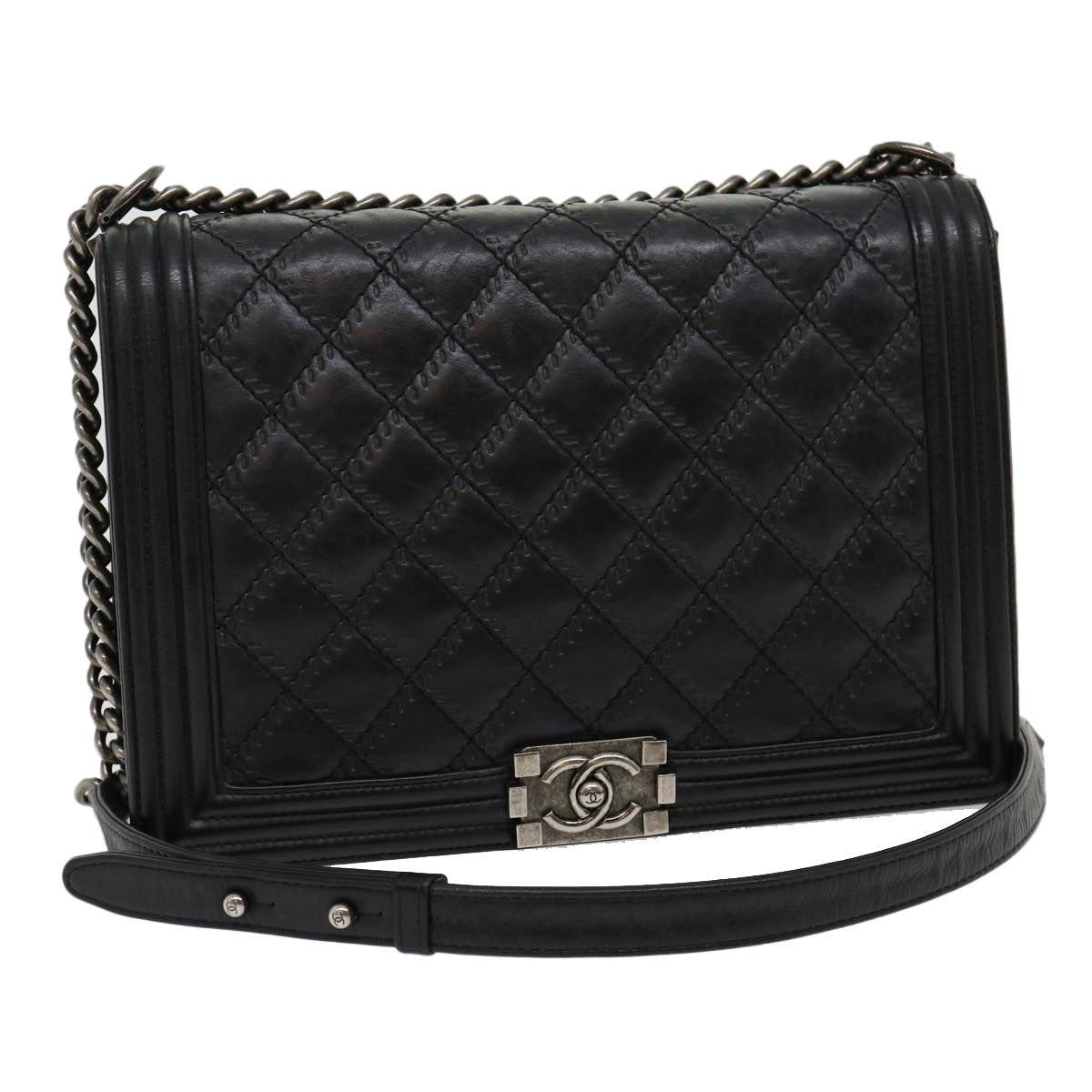 CHANEL Big Matelasse Boy  Chain Shoulder Bag Lamb Skin Black Auth 30943A