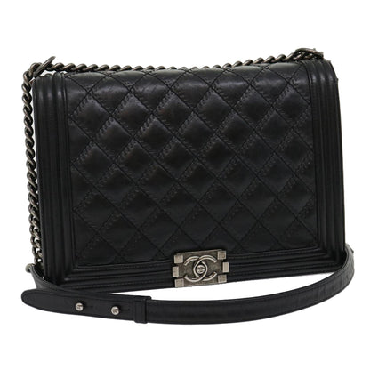 CHANEL Big Matelasse Boy  Chain Shoulder Bag Lamb Skin Black Auth 30943A