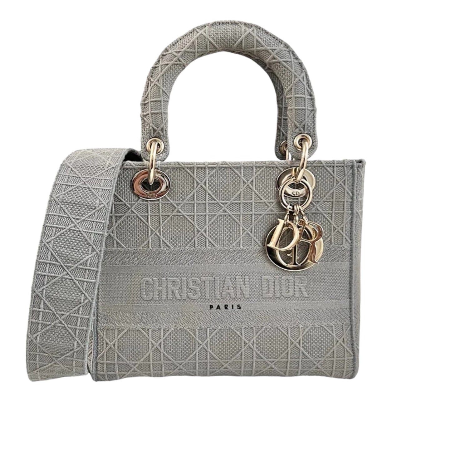 Lady D-Lite Medium Canvas Embroidered Cannage Grey GHW
