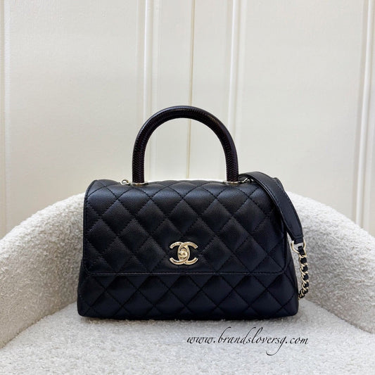Chanel Small (24cm) Coco handle in Black Caviar, Burgundy Lizard Embossed Calfskin Handle and LGHW (Model: A92990)