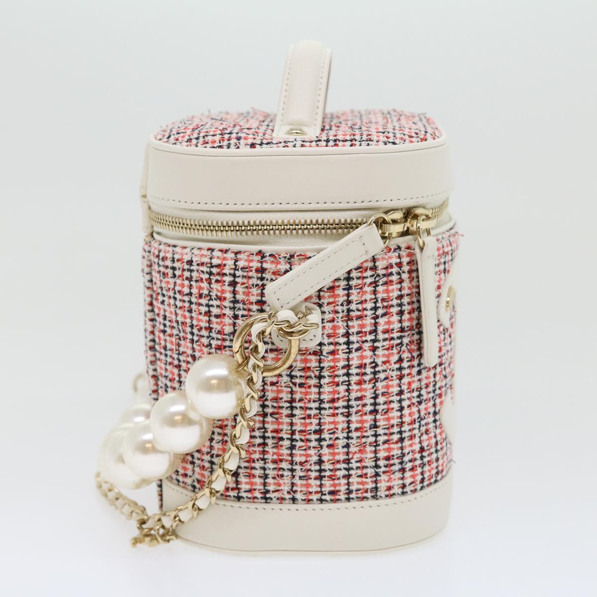 CHANEL Pearl Hand Bag tweed 3ways White Red CC Auth 31176A