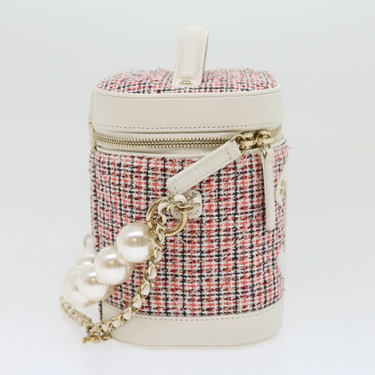 CHANEL Pearl Hand Bag tweed 3ways White Red CC Auth 31176A