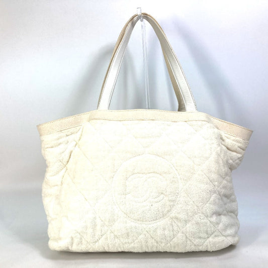 CHANEL Tote Bag Cotton leather white beach bag pile CC COCO Mark Women Used