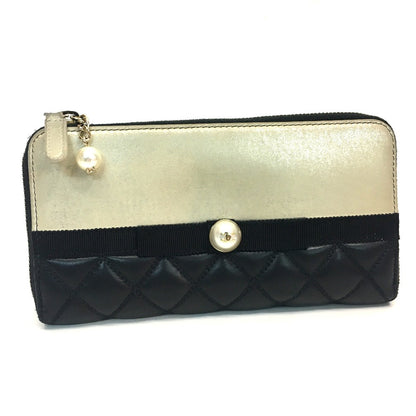 CHANEL Long Wallet Purse A82472 lambskin Champagne Gold x Black Pearl ribbon Matrasse Women