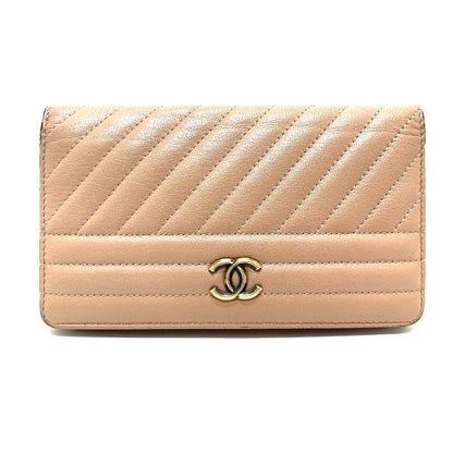 CHANEL Long Wallet Purse A82399 Goatskin beige Striped border COCO Mark Women