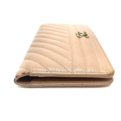CHANEL Long Wallet Purse A82399 Goatskin beige Striped border COCO Mark Women