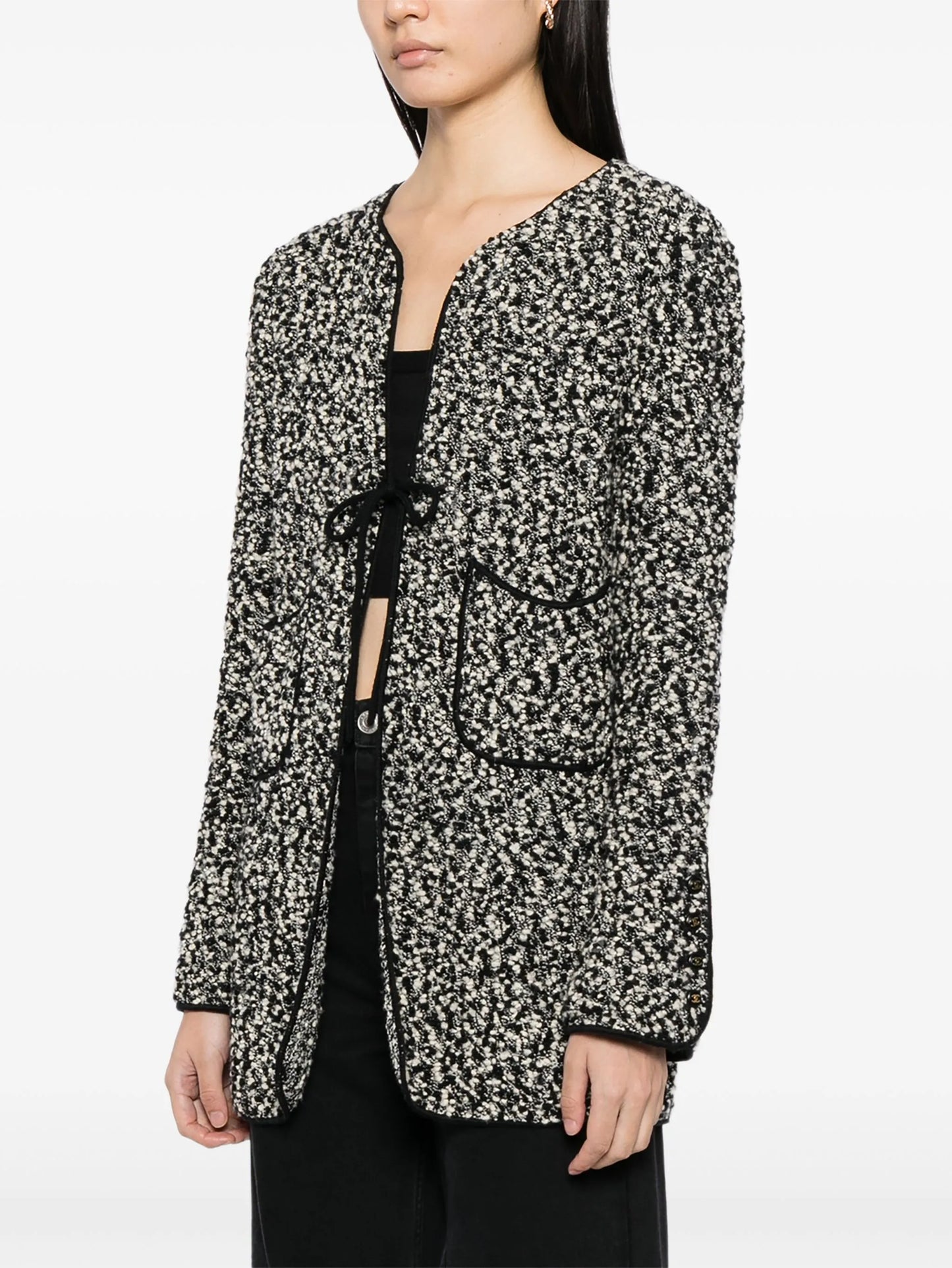 Monochrome Tweed Tie-Front Cardigan