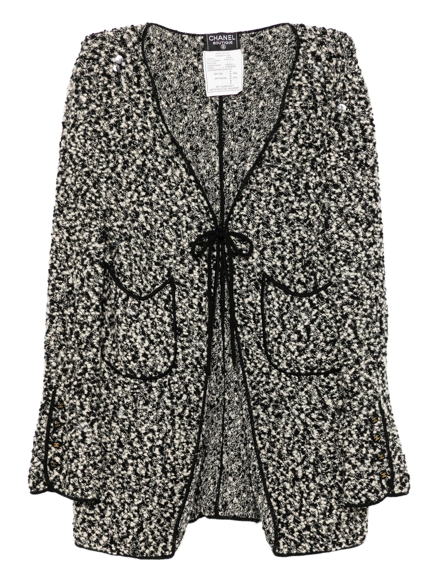 Monochrome Tweed Tie-Front Cardigan