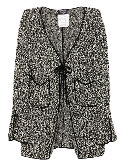 Monochrome Tweed Tie-Front Cardigan