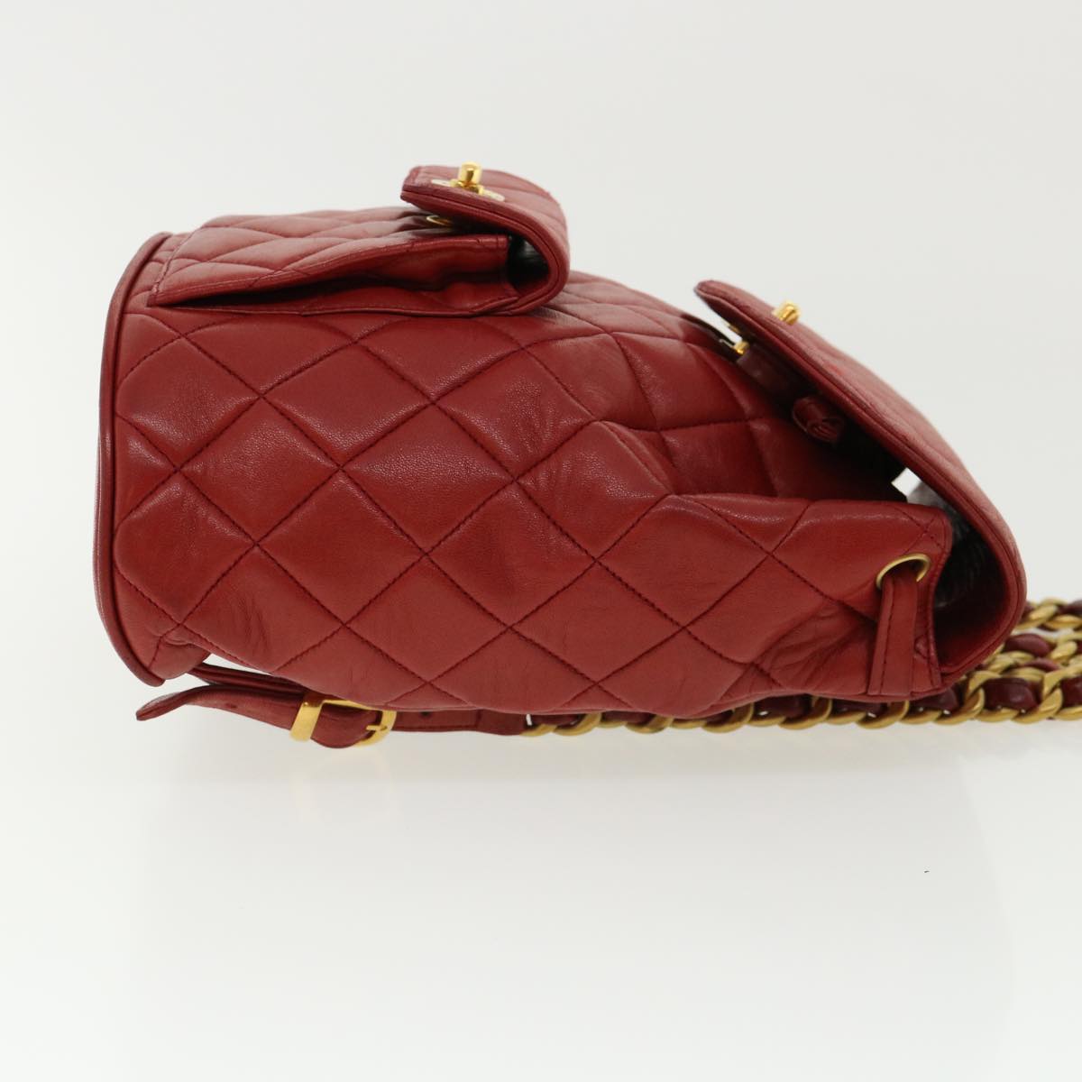 CHANEL Matelasse Chain Hand Bag Lamb Skin Red CC Auth 31892A
