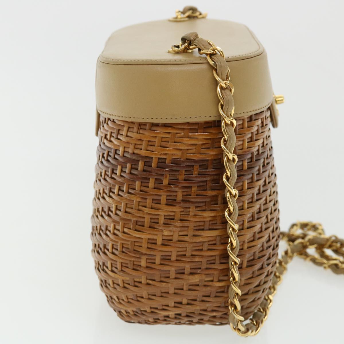 Chanel Basket Chain Shoulder Bag Leather rattan Brown CC Auth A